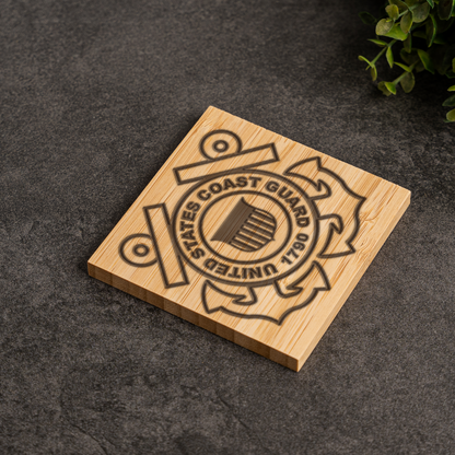 Bamboo Coaster Set With Holder, US Coast Guard Design, Eco-Friendly Drink Coasters