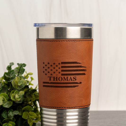 Custom Flag 20oz Leather Wrapped Tumbler, Personalized Flag Design, Custom Name Gift, Personalized Military Gift with Name