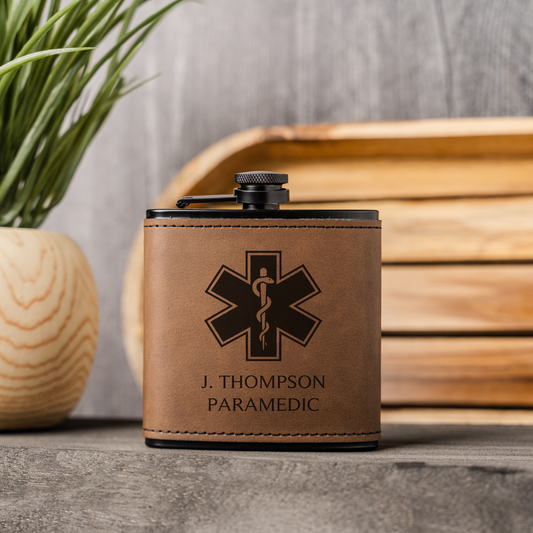 Black Leather Wrapped Flask with Paramedic Design