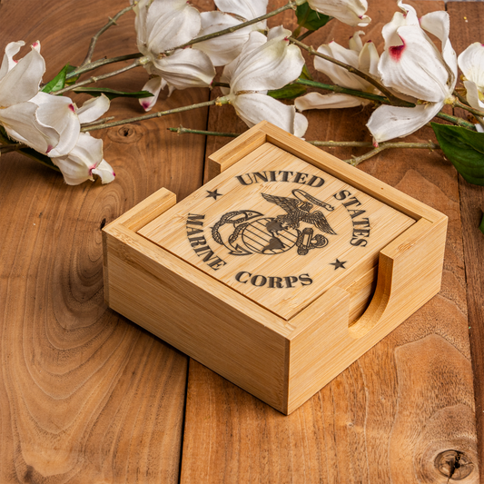 Bamboo Coaster Set With Holder - US Marine Corps Design
