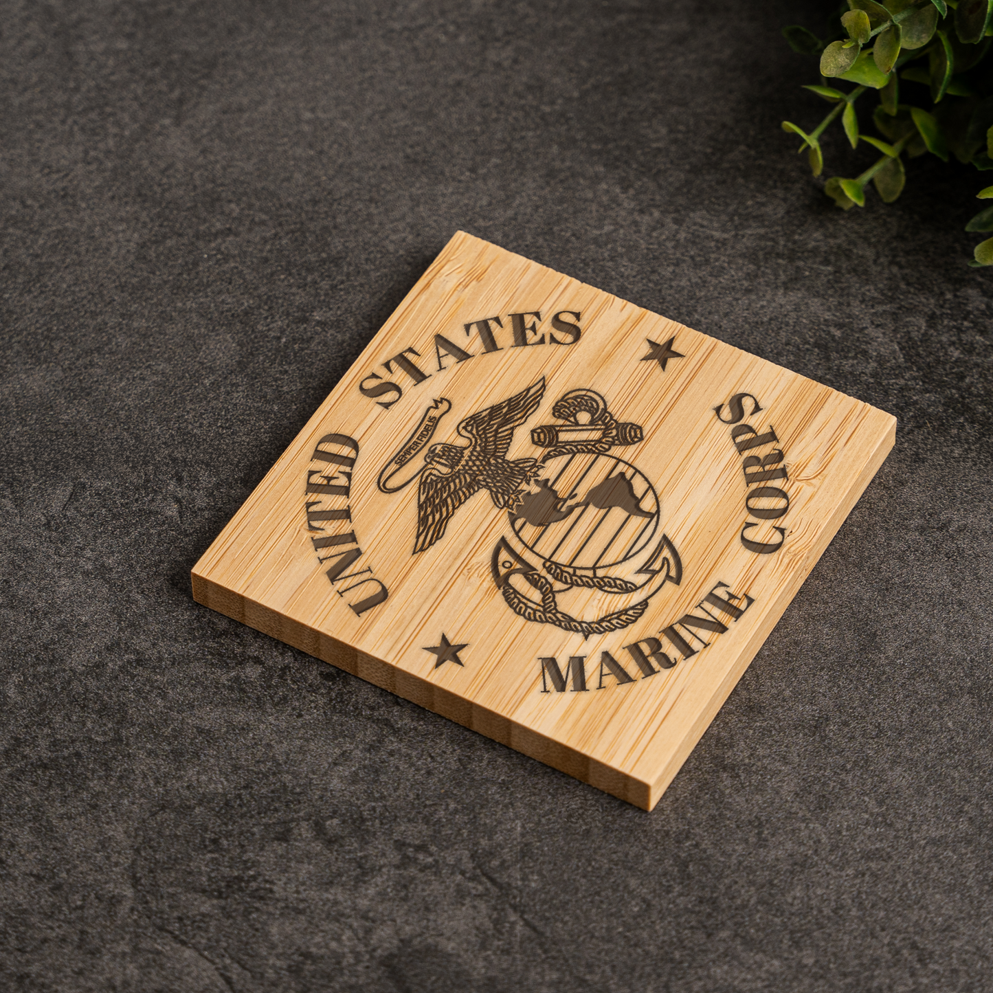 Bamboo Coaster Set With Holder - US Marine Corps Design