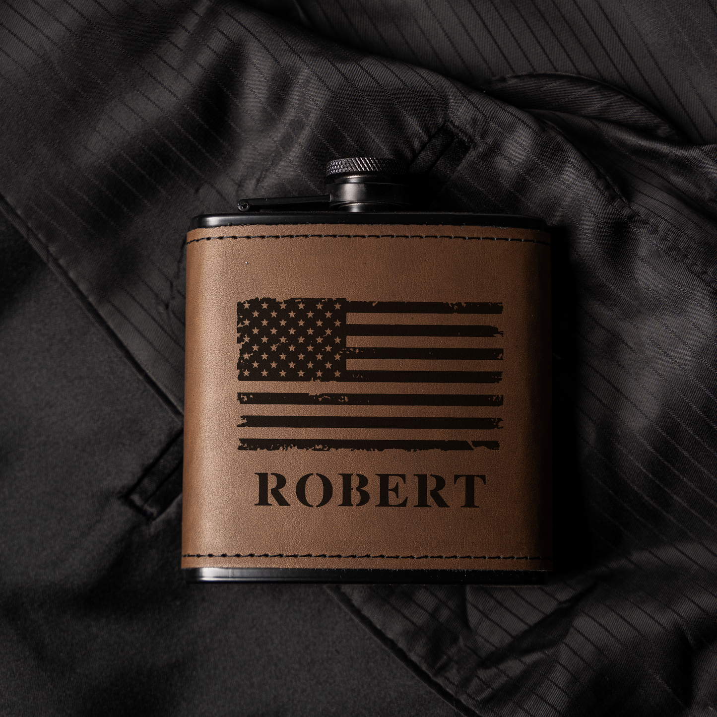 Personalized Black Leather Wrapped Flask with American Flag Design