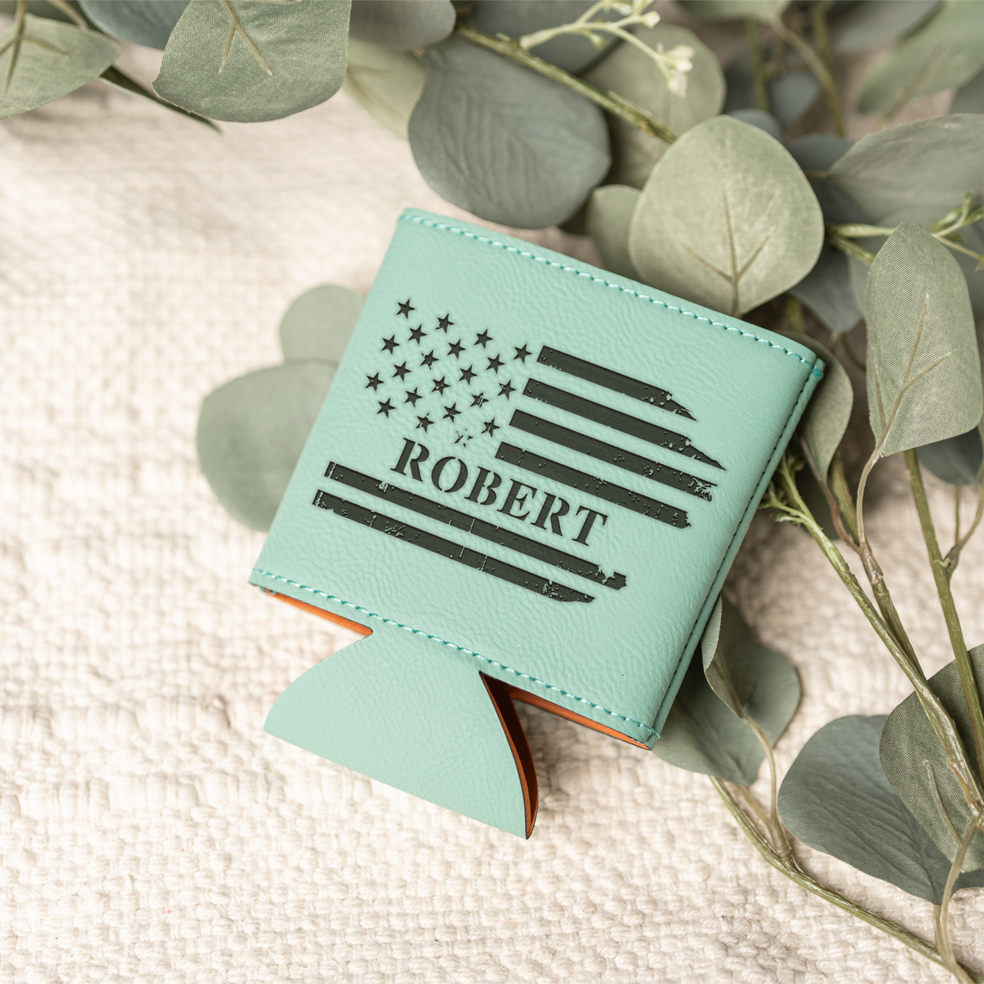 Personalized Leather Beverage Holder with American Flag Design, Custom Name Gift, Engraved Custom Beer Can Holder with American Flag