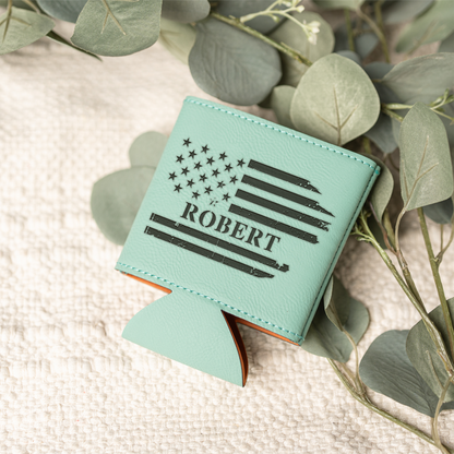 Personalized Leather Beverage Holder with American Flag Design, Custom Name Gift, Engraved Custom Beer Can Holder with American Flag