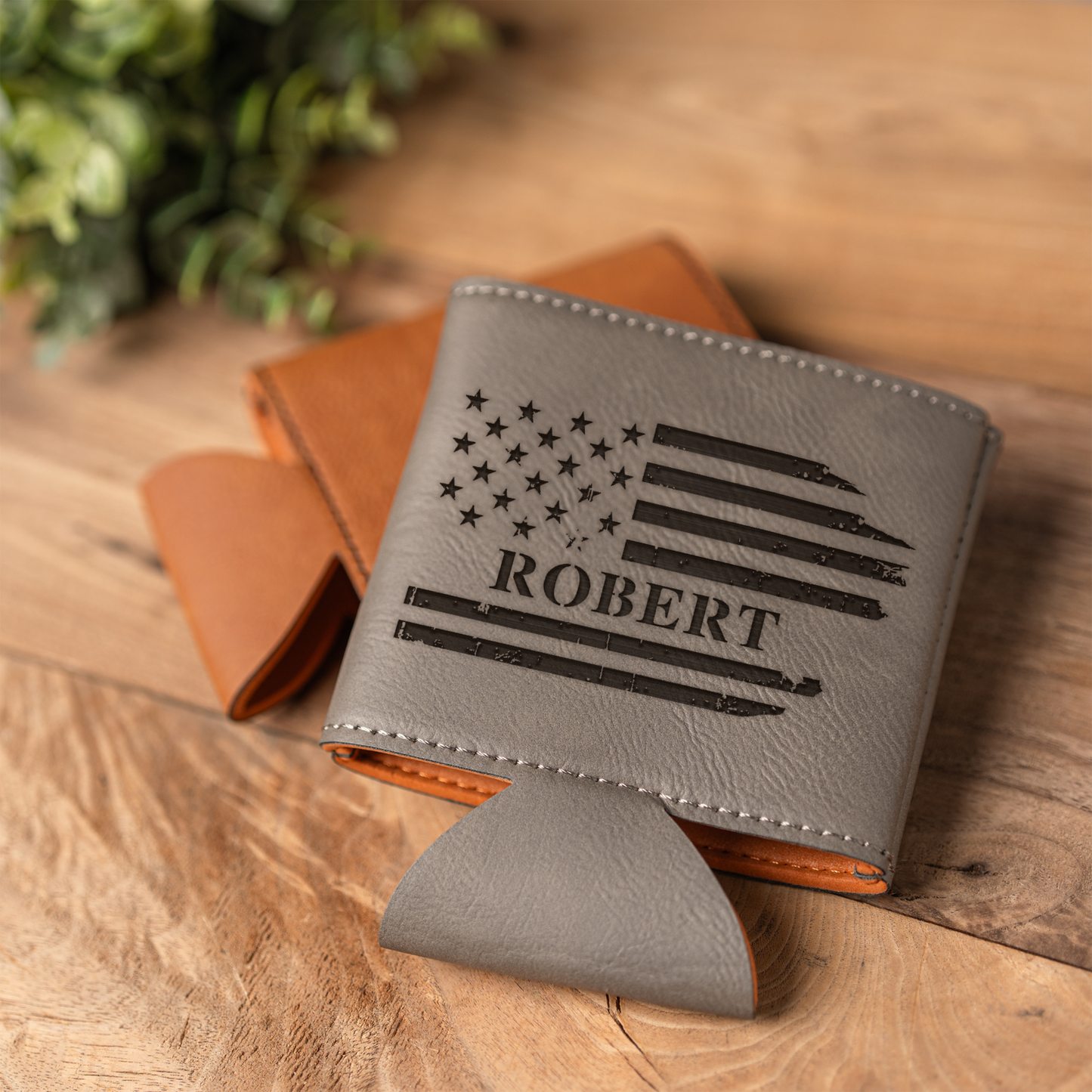 Personalized Leather Beverage Holder with American Flag Design, Custom Name Gift, Engraved Custom Beer Can Holder with American Flag
