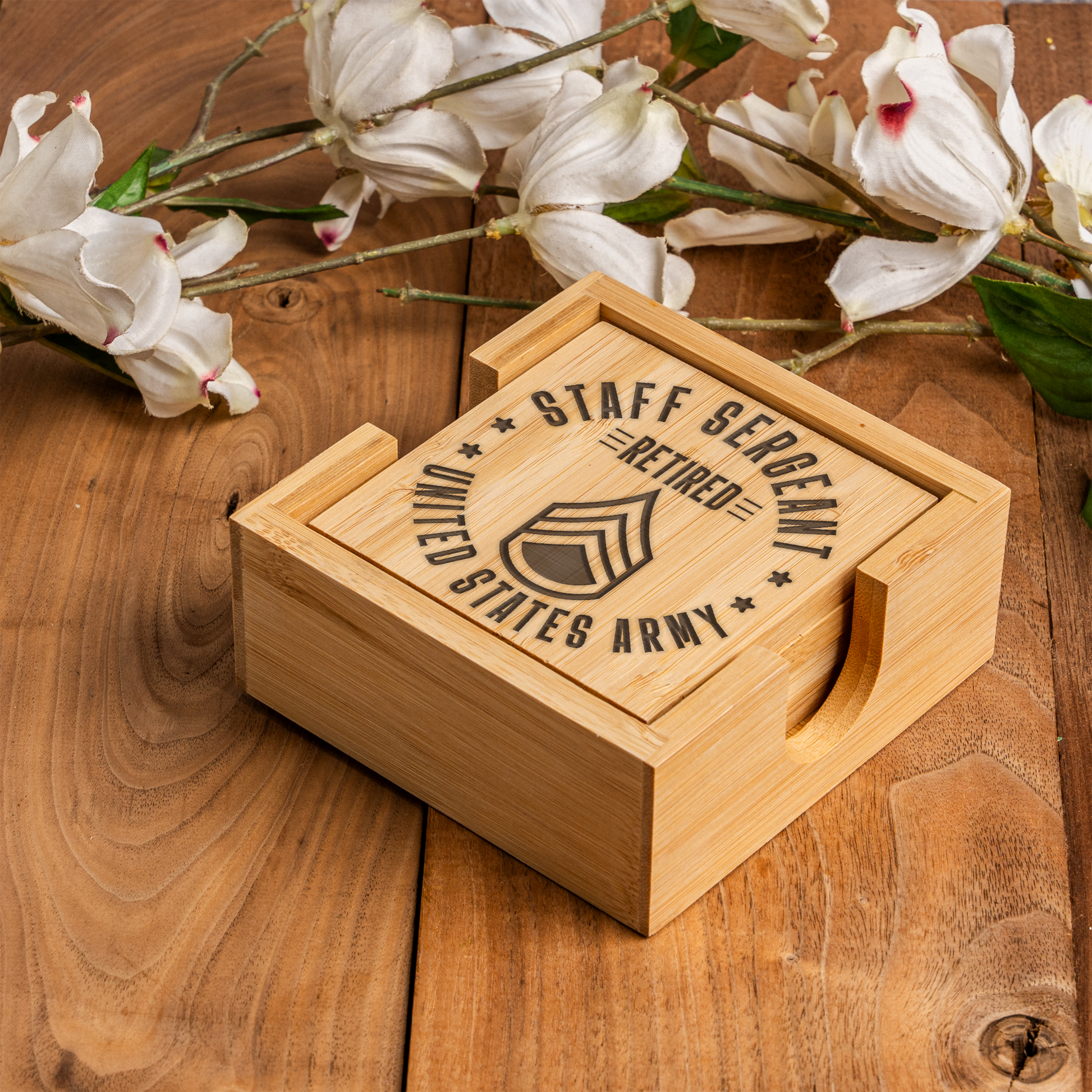Bamboo Coaster Set With Holder - Retired Staff Sergeant Design