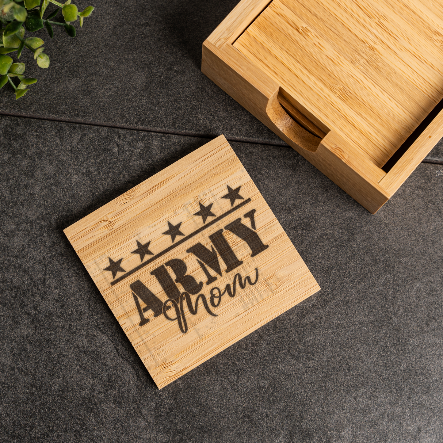 Bamboo Coaster Set With Holder, Elegant Home Decor, Perfect Gift for Army Mom