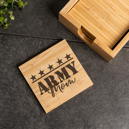 Bamboo Coaster Set With Holder, Elegant Home Decor, Perfect Gift for Army Mom