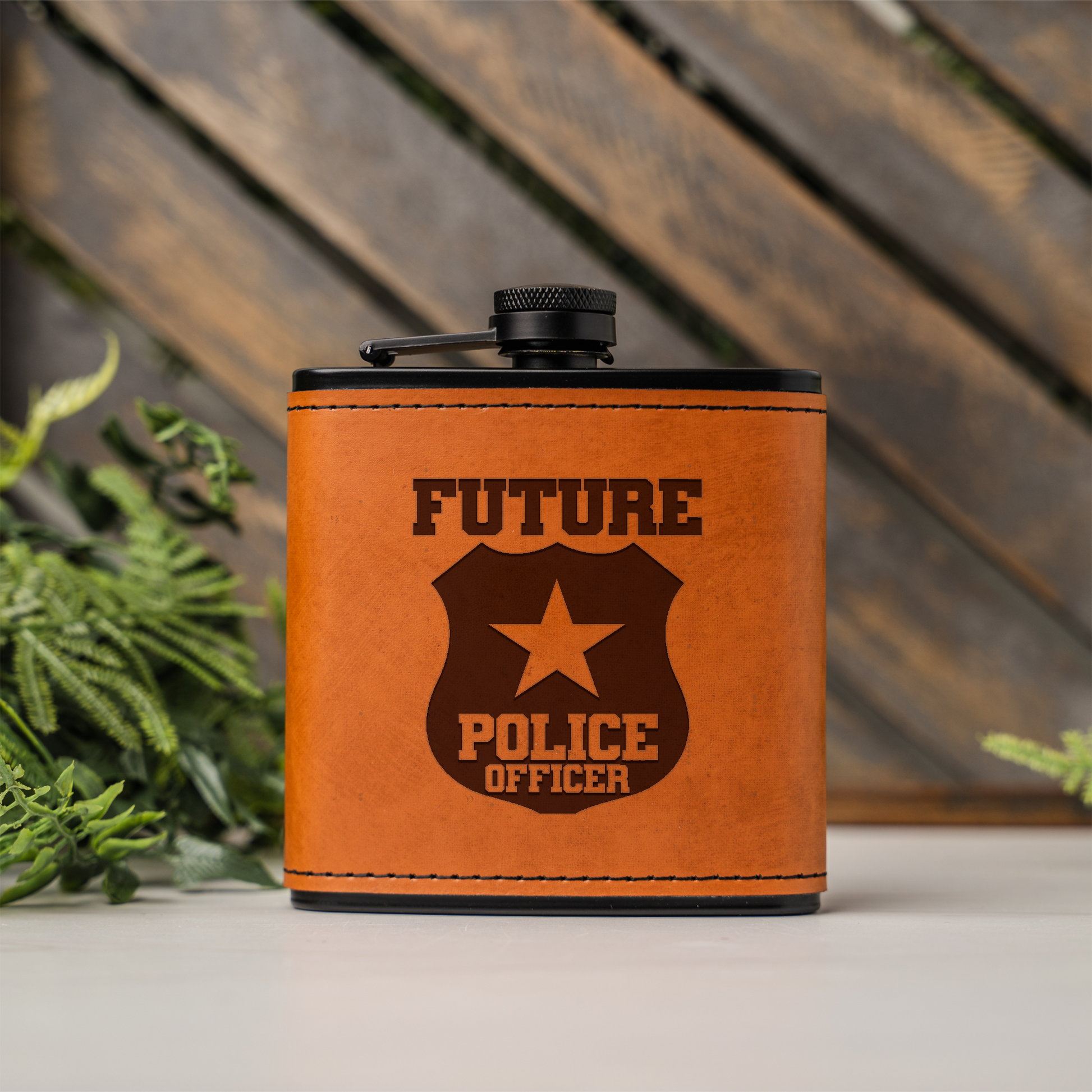Future Police Officer Black Leather Wrapped Flask