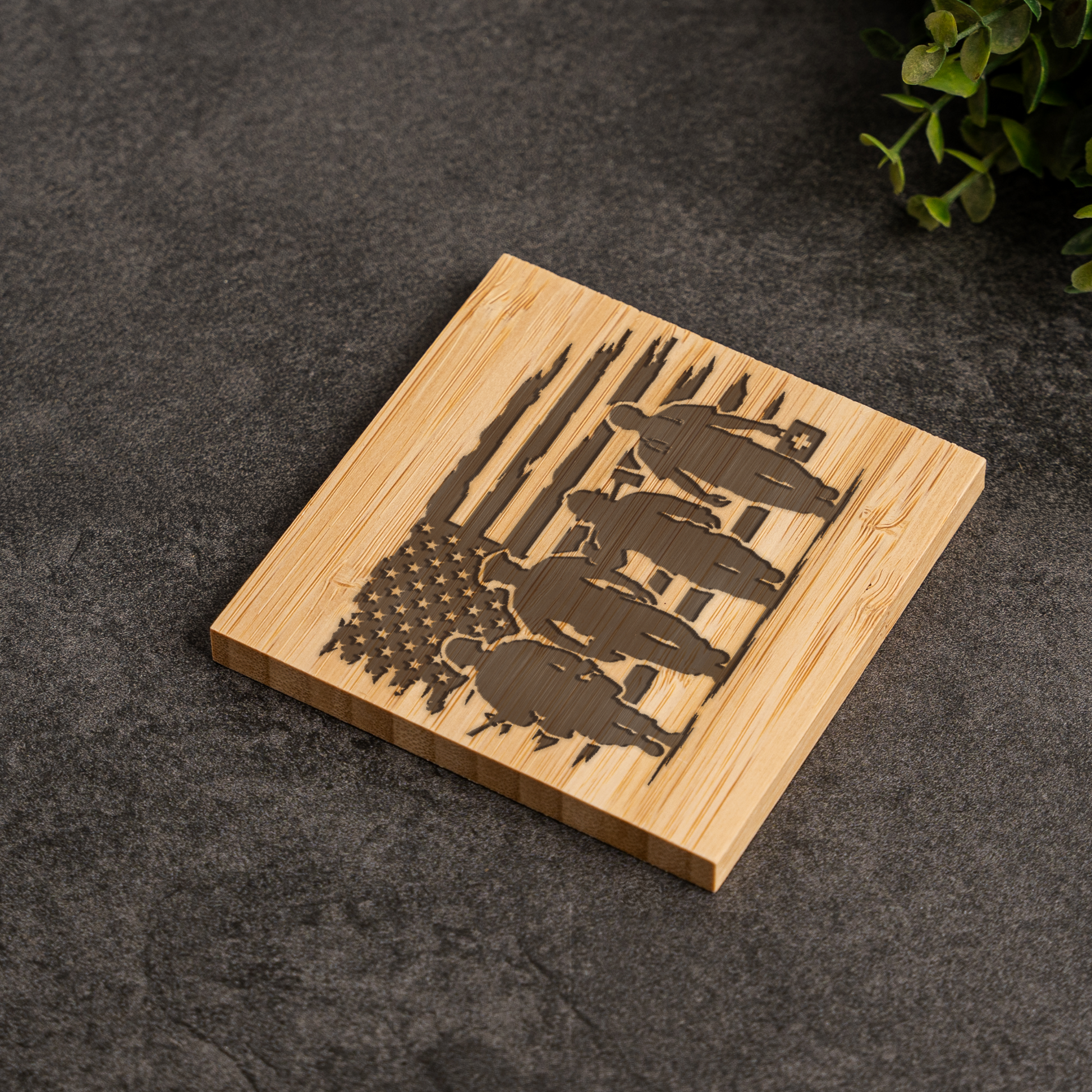 First Responder Bamboo Coaster Set | EMS Firefighter Police Gift | Engraved Bamboo Coasters | Emergency Services Home Decor