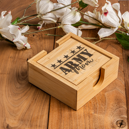 Bamboo Coaster Set With Holder, Elegant Home Decor, Perfect Gift for Army Mom