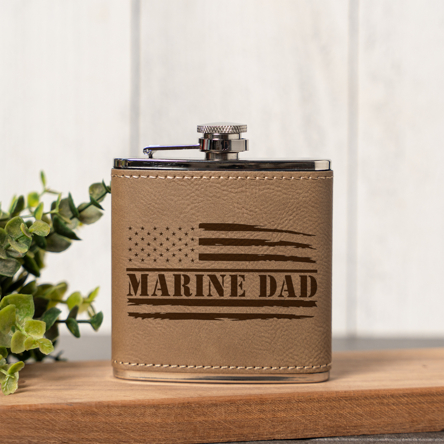 Leather Wrapped Flask 6oz, Marine Dad Gift, American Flag Design, Perfect for Father's Day