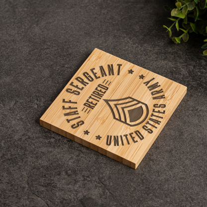 Bamboo Coaster Set With Holder - Retired Staff Sergeant Design