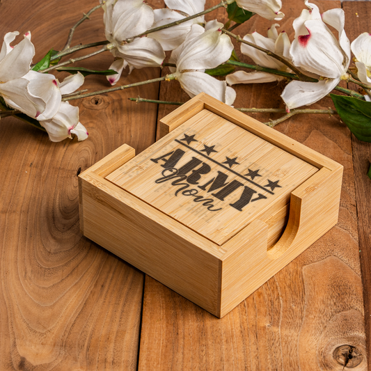 Bamboo Coaster Set With Holder, Elegant Home Decor, Perfect Gift for Army Mom