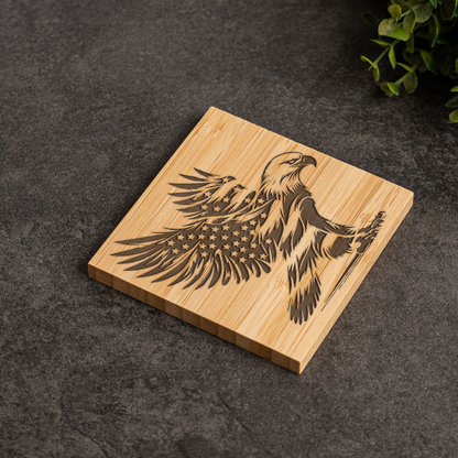 Eagle American Flag Bamboo Coaster Set With Holder 