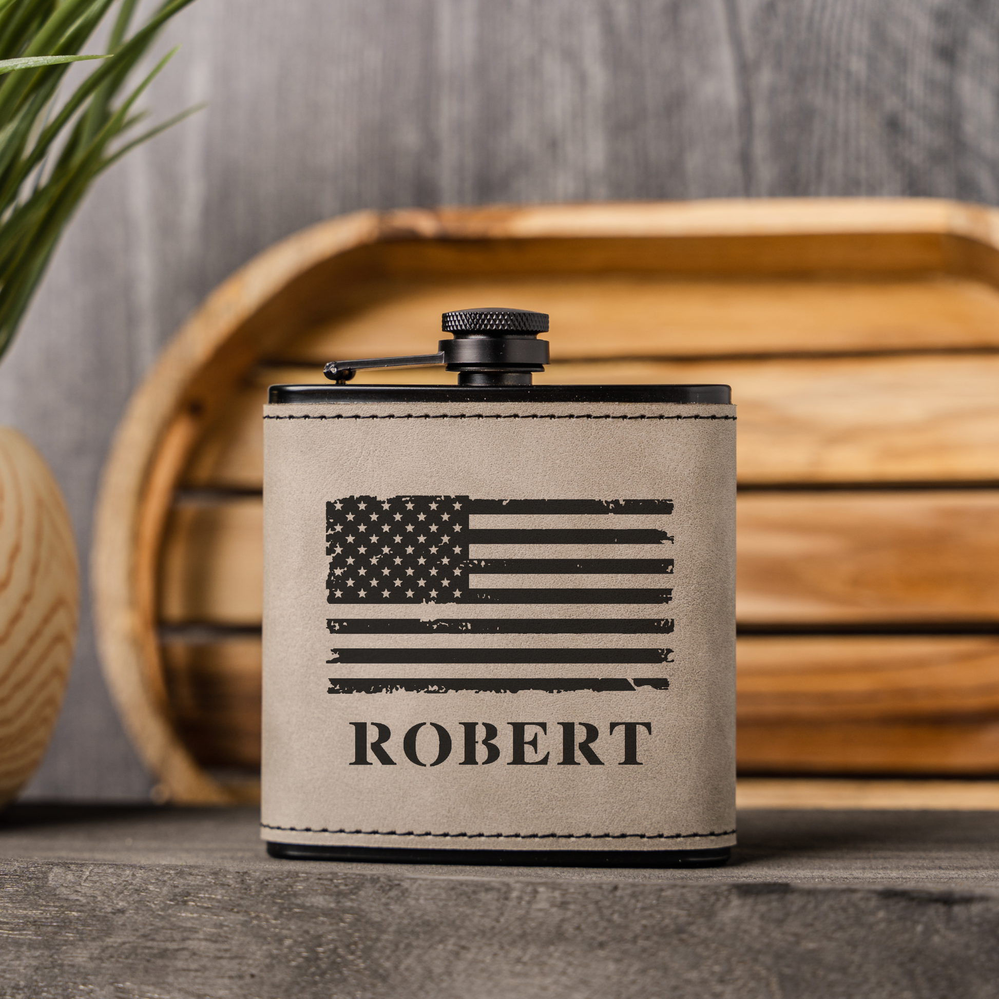 Personalized Black Leather Wrapped Flask with American Flag Design