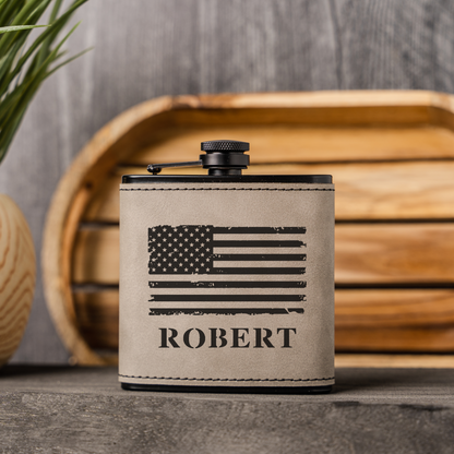 Personalized Black Leather Wrapped Flask with American Flag Design