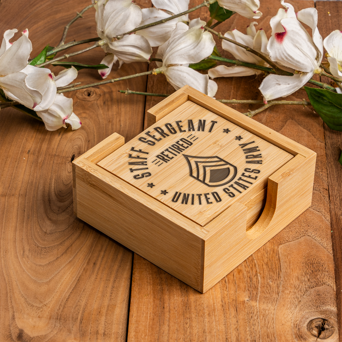 Bamboo Coaster Set With Holder - Retired Staff Sergeant Design
