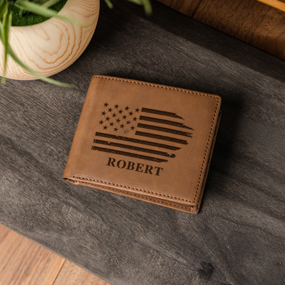 Personalized Leather Bifold Wallet, American Flag Design, Custom Gift for Men