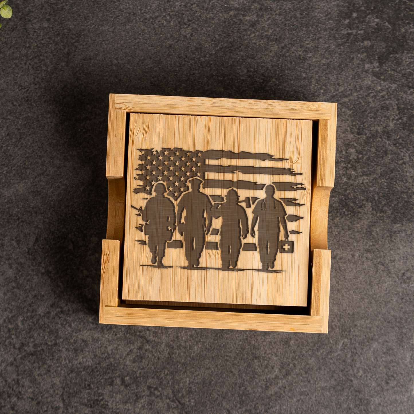 First Responder Bamboo Coaster Set | EMS Firefighter Police Gift | Engraved Bamboo Coasters | Emergency Services Home Decor