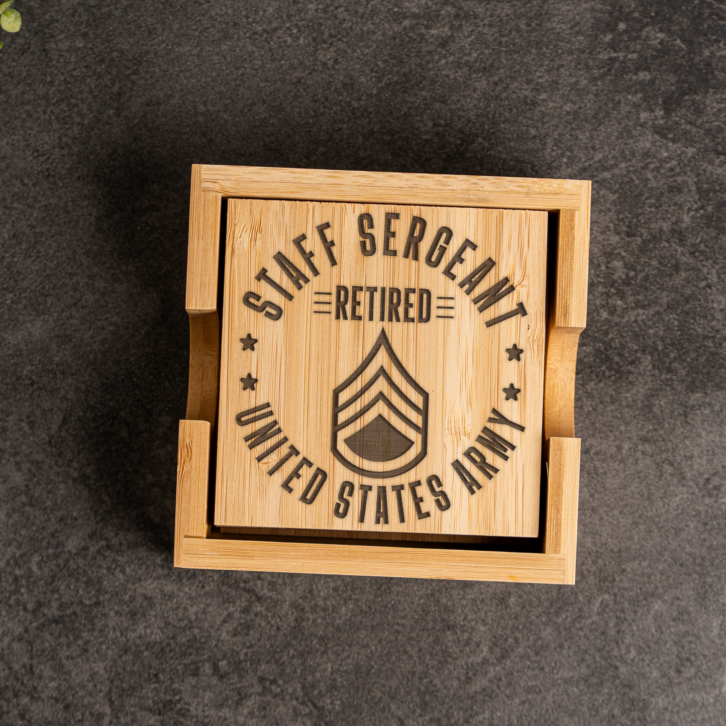 Bamboo Coaster Set With Holder - Retired Staff Sergeant Design