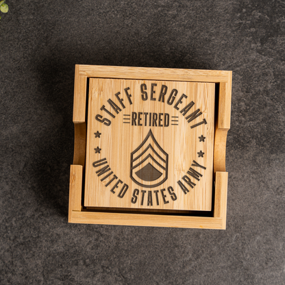 Bamboo Coaster Set With Holder - Retired Staff Sergeant Design