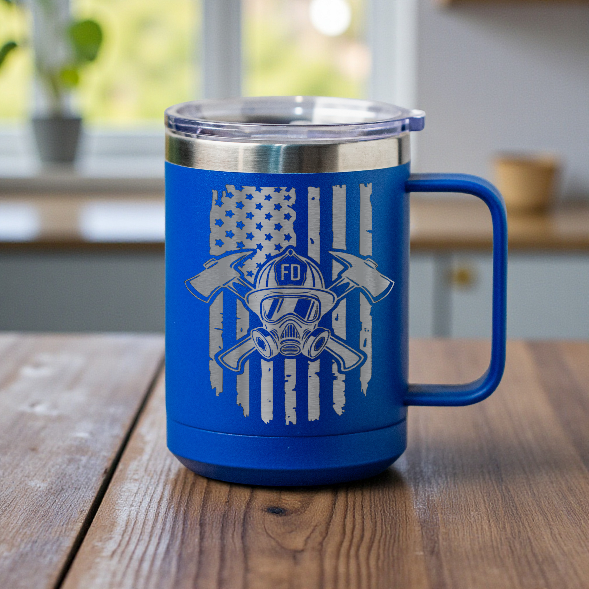 Firefighter 15oz Stainless Steel Mug, Fire Department Gift, Patriotic Design