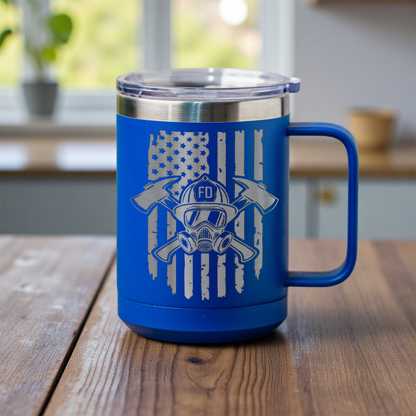 Firefighter 15oz Stainless Steel Mug, Fire Department Gift, Patriotic Design