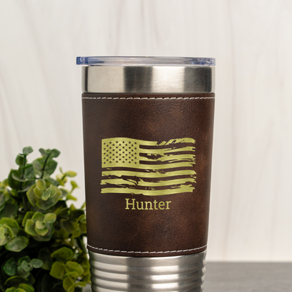 Custom Flag 20oz Leather Wrapped Tumbler, Personalized Flag Design, Custom Name Gift, Personalized Military Gift with Name