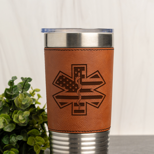EMS Star of Life Flag Design - 20oz Leather Wrapped Tumbler