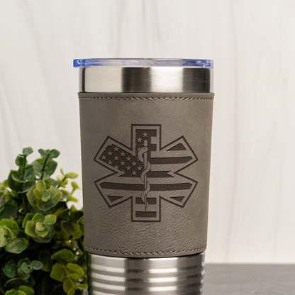 EMS Star of Life Flag Design - 20oz Leather Wrapped Tumbler