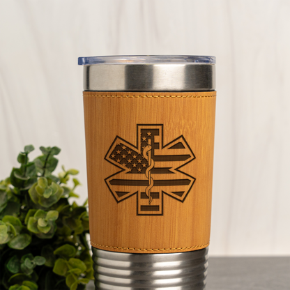 EMS Star of Life Flag Design - 20oz Leather Wrapped Tumbler