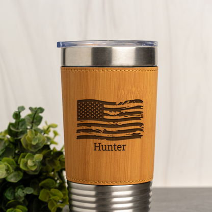 Custom Flag 20oz Leather Wrapped Tumbler, Personalized Flag Design, Custom Name Gift, Personalized Military Gift with Name