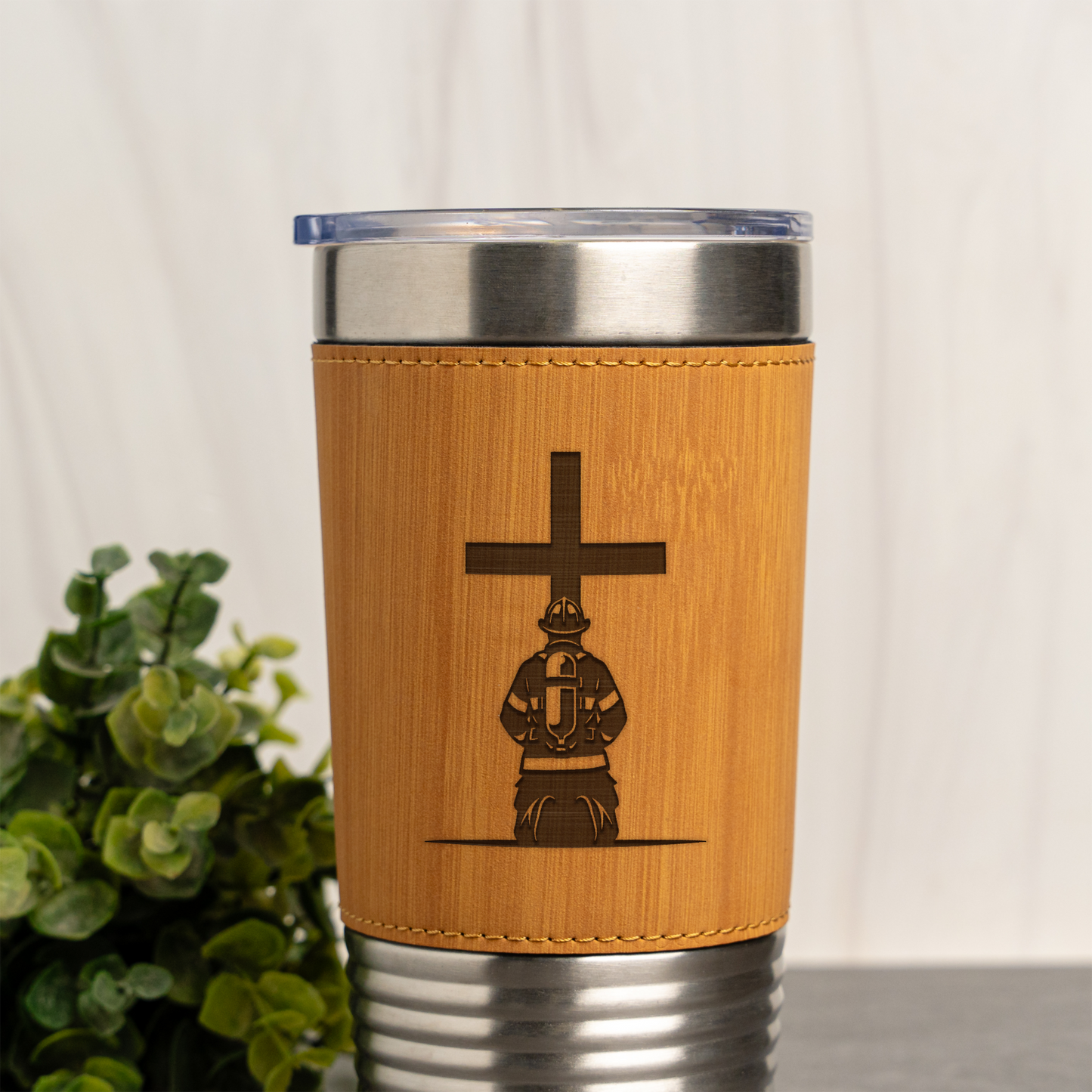 Firefighter Design Leather Wrapped Tumbler 20oz