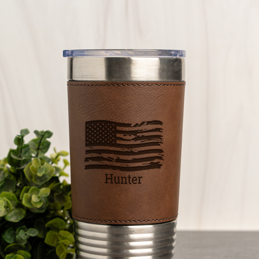 20oz Leather Wrapped Tumbler with American Flag Design