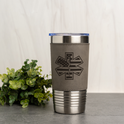EMS Star of Life Flag Design - 20oz Leather Wrapped Tumbler