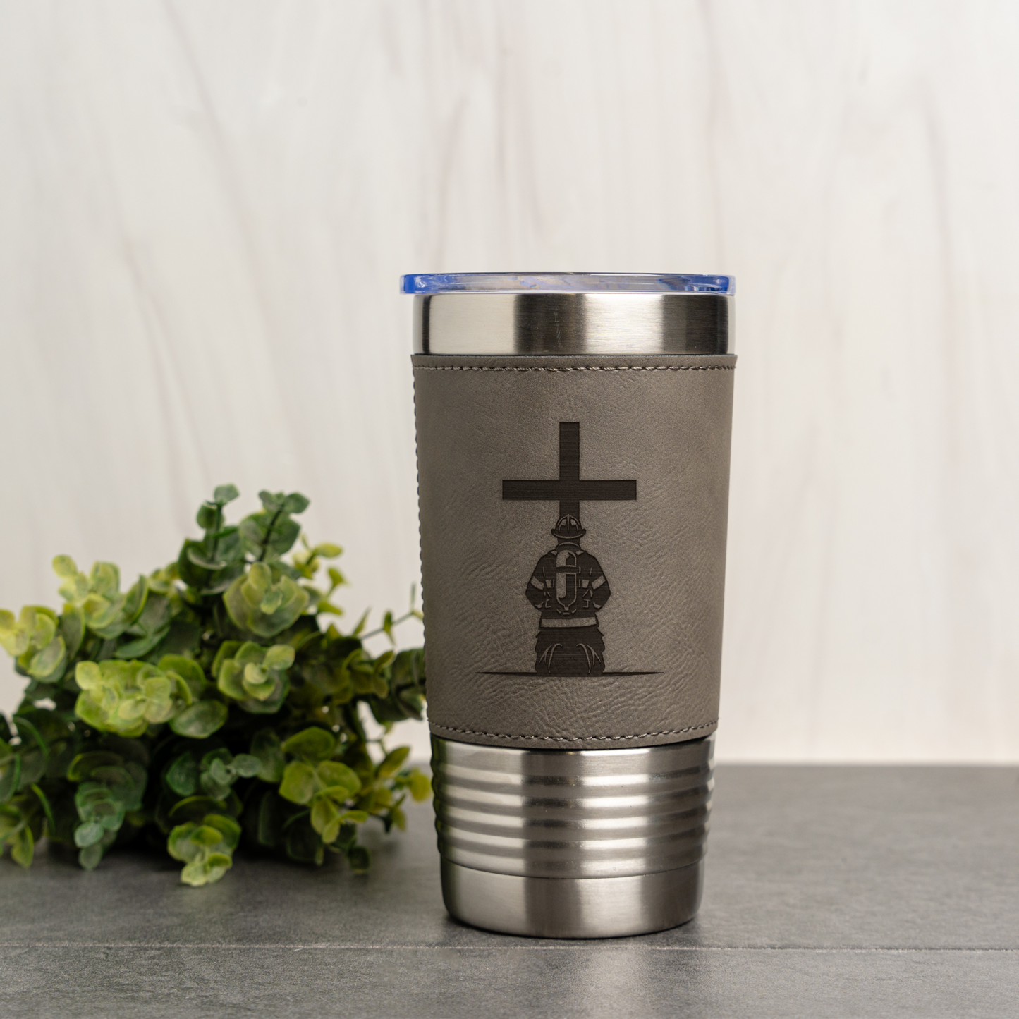 Firefighter Design Leather Wrapped Tumbler 20oz