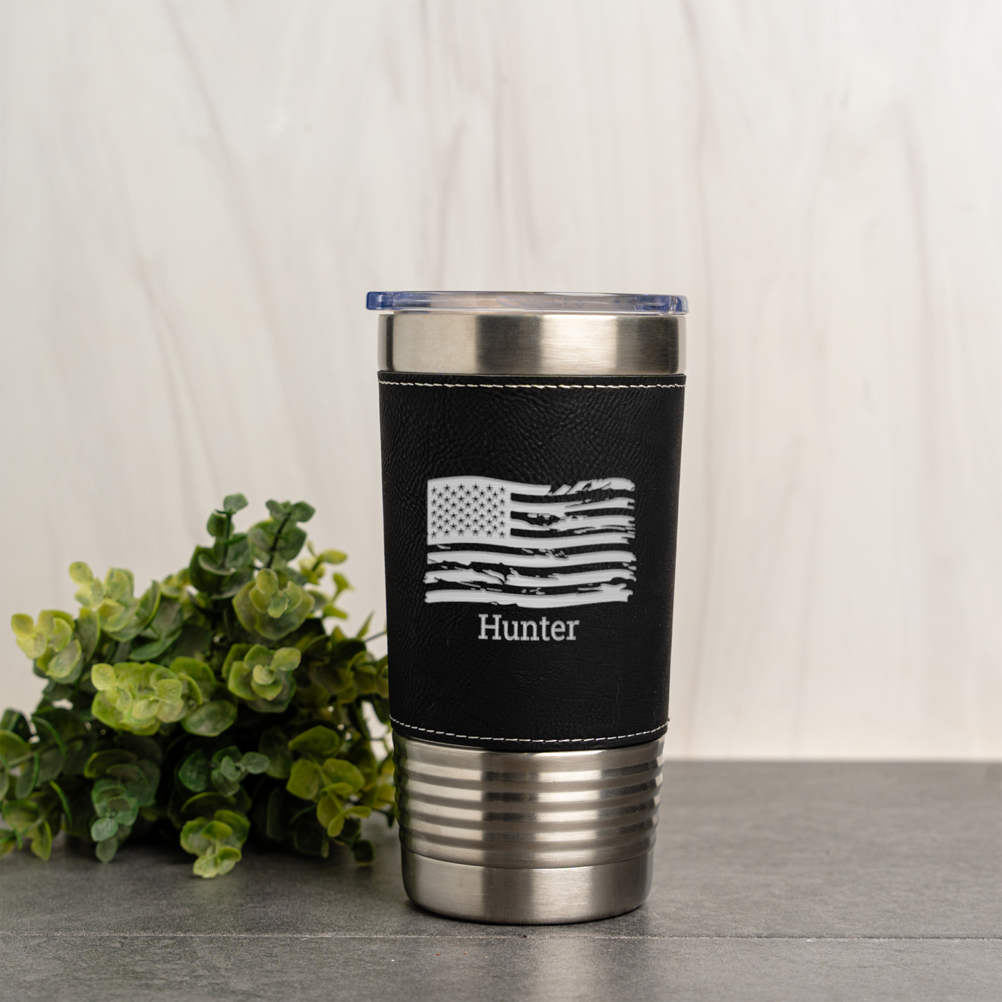 Custom Flag 20oz Leather Wrapped Tumbler, Personalized Flag Design, Custom Name Gift, Personalized Military Gift with Name
