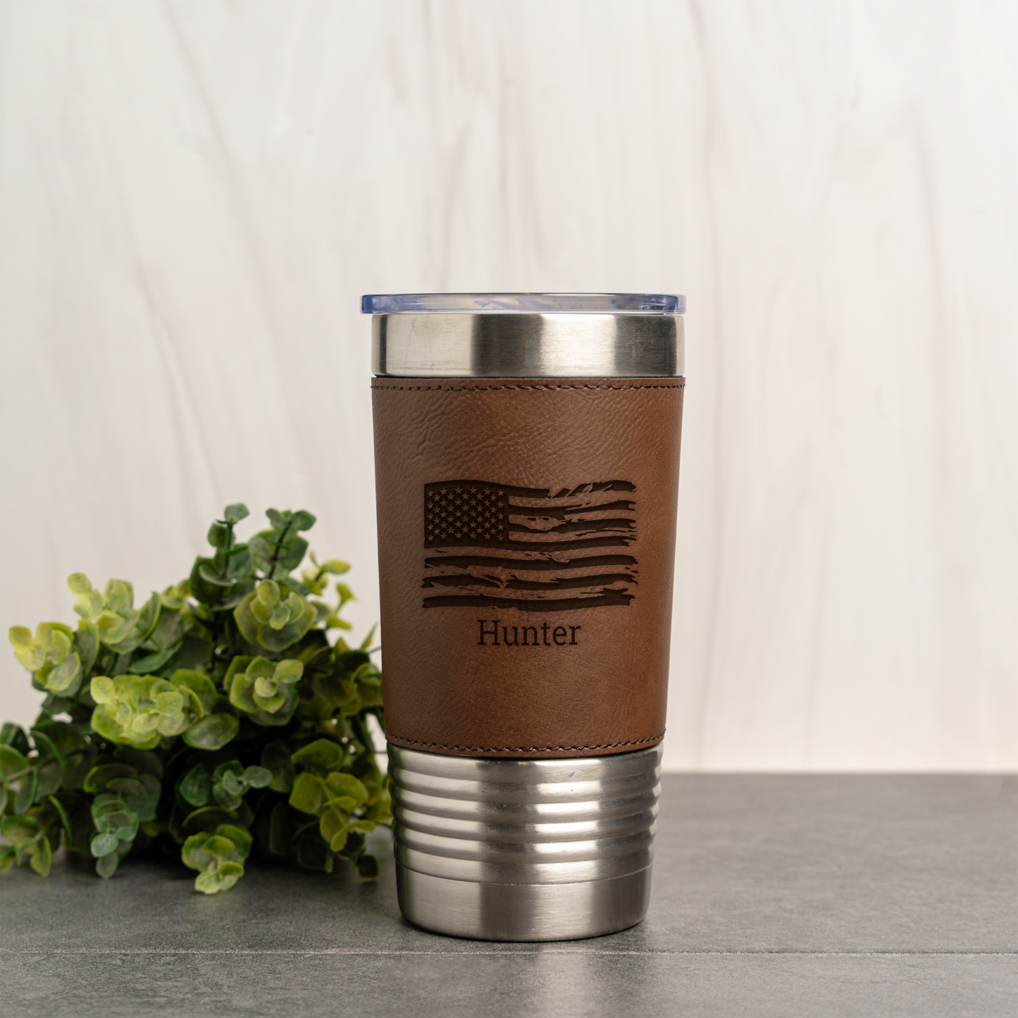Custom Flag 20oz Leather Wrapped Tumbler, Personalized Flag Design, Custom Name Gift, Personalized Military Gift with Name